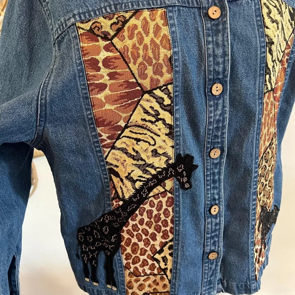 Vintage TanTrums Blue Cotton Denim Patchwork Animal Print Safari Jacket Medium